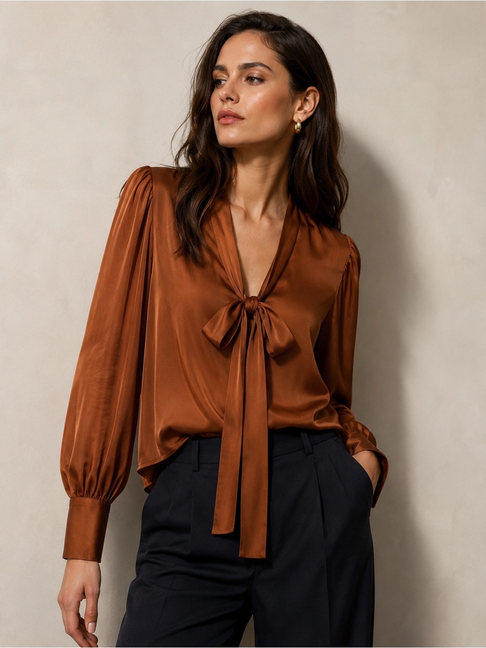 NWOT 7 for All Mankind Tie Neck Blouse Copper Balloon sleeve xs but fits size s
